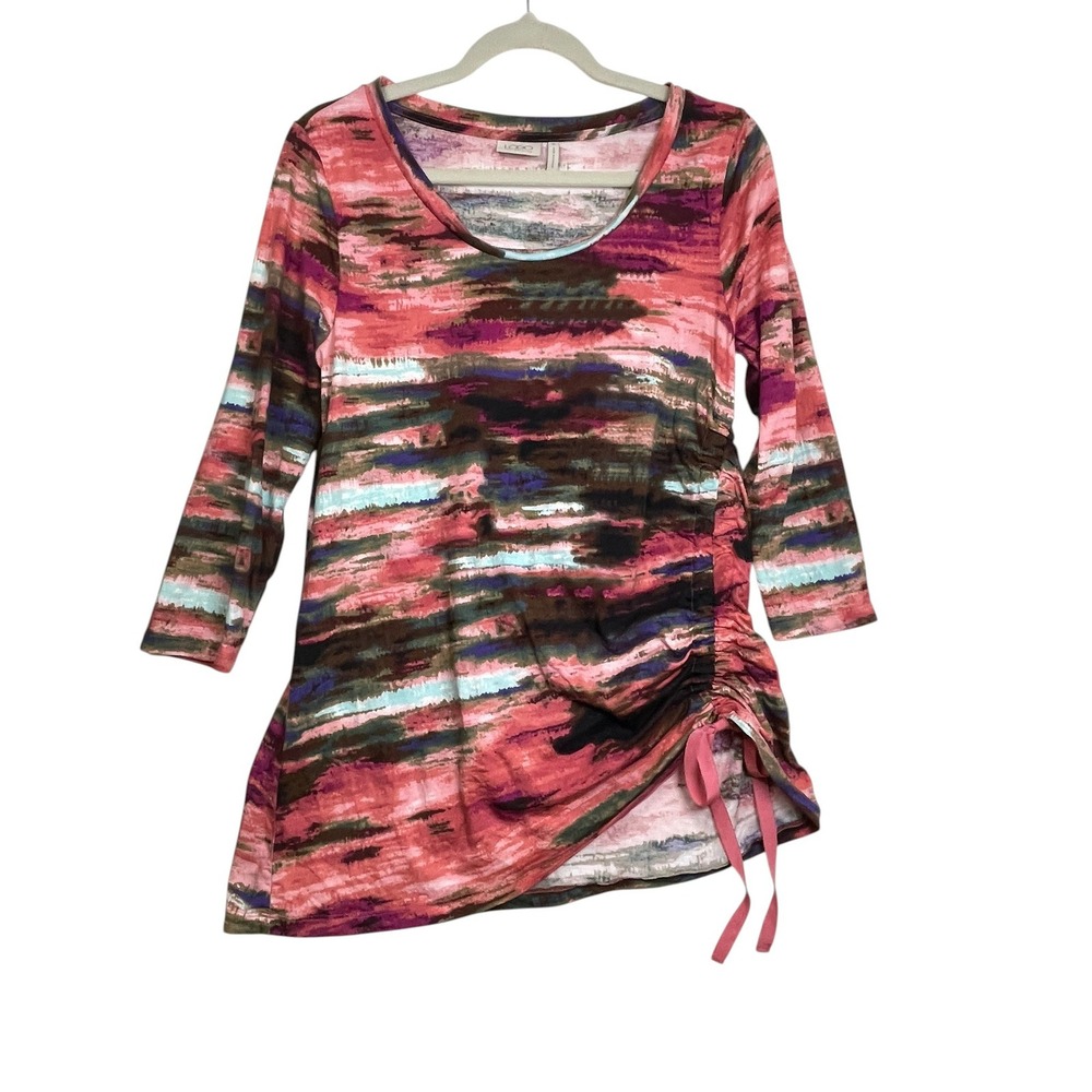LOGO Lori Goldstein S Tunic Top Abstract Pink 3/4 Sleeve Ruched Side Artsy Boho